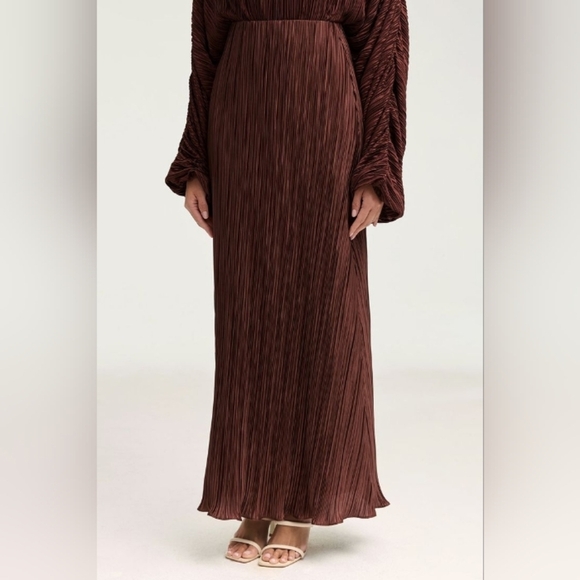 NWT veiled satin plisse side ruched maxi skirt chocolate sz S - Picture 1 of 8
